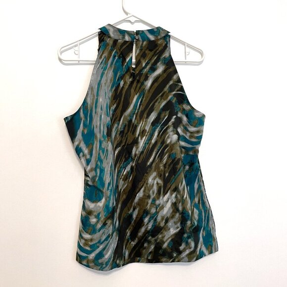 ANN TAYLOR Olive Green Teal Abstract Geometric Geo Halter Sleeveless Tank Blouse - Picture 11 of 13